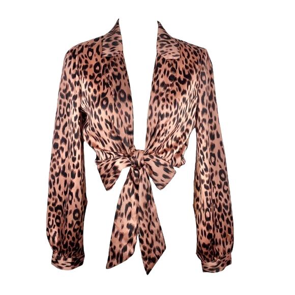 M NWT Wild Honey Bronze Leopard Print Cropped Long Sleeve Toe Front Blouse Top - Picture 1 of 9